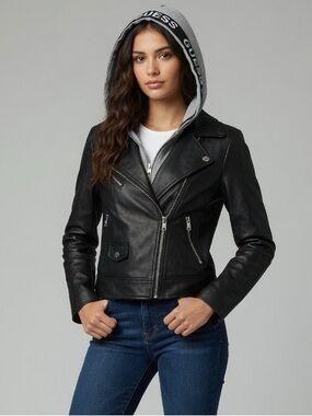 Guess Moto Jacket Ladies Vegan Faux Leather NWT Zip-out Hood Sz Medium
